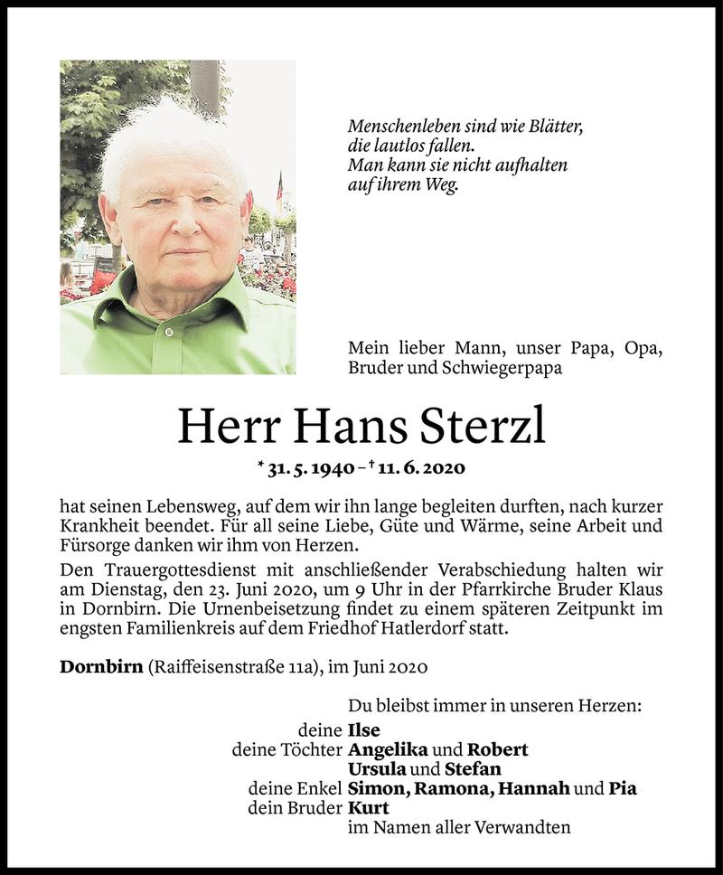  Todesanzeige für Hans Sterzl vom 19.06.2020 aus Vorarlberger Nachrichten