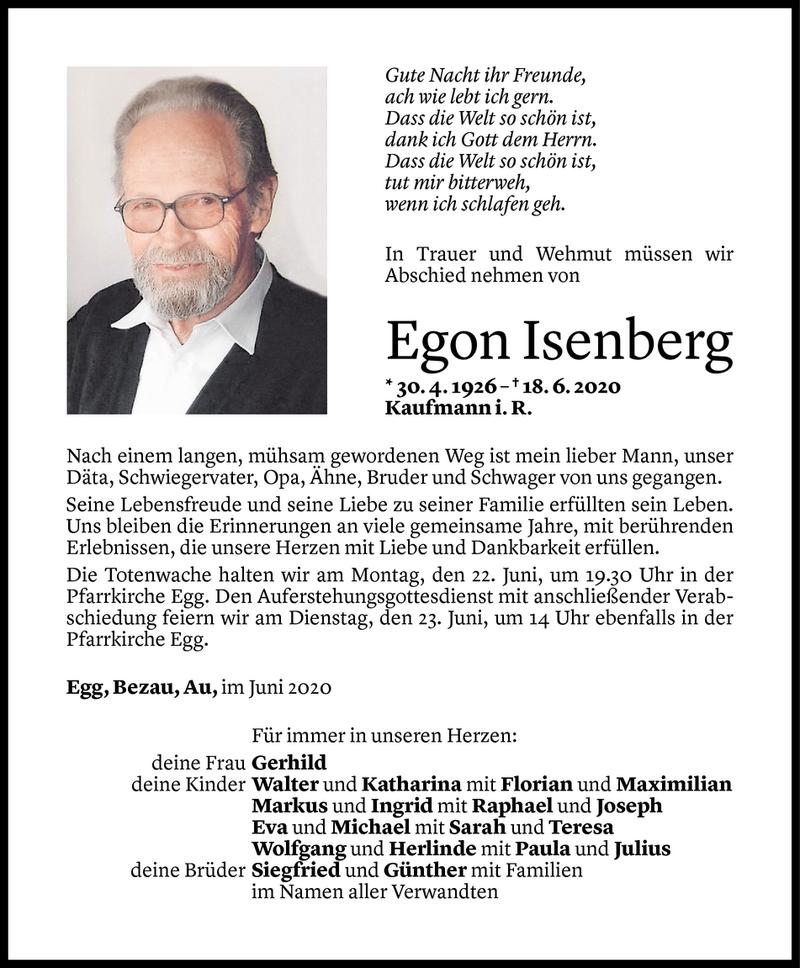  Todesanzeige für Egon Isenberg vom 19.06.2020 aus Vorarlberger Nachrichten