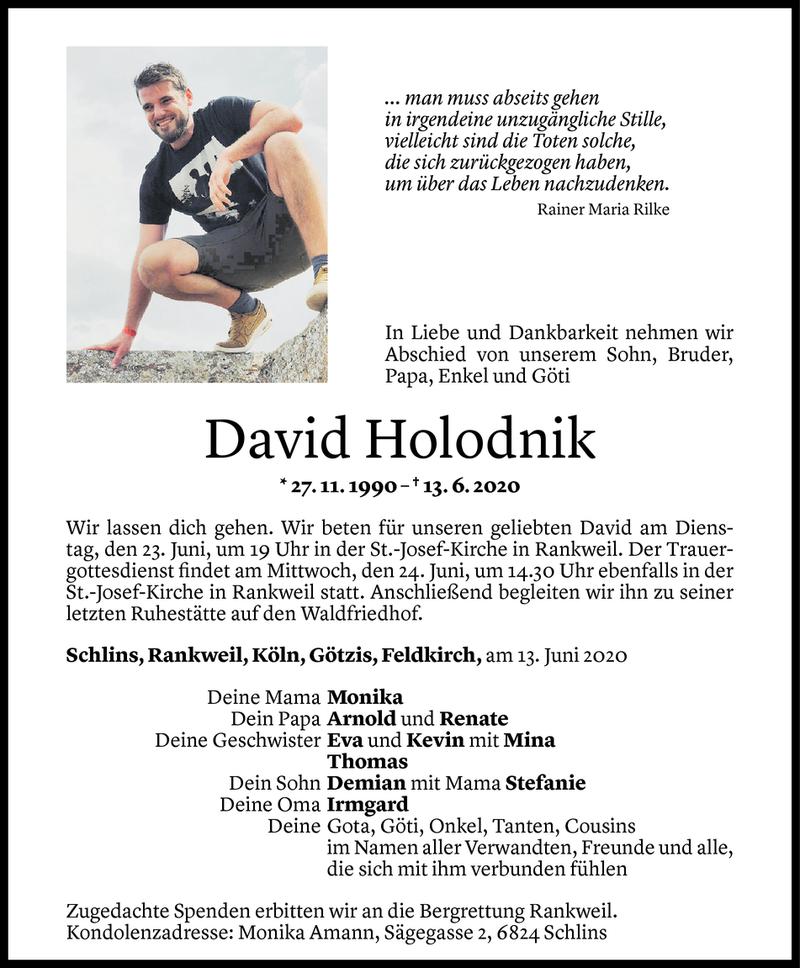  Todesanzeige für David Holodnik vom 19.06.2020 aus Vorarlberger Nachrichten