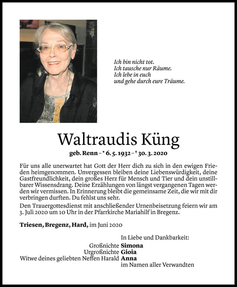  Todesanzeige für Waltraudis Küng vom 26.06.2020 aus Vorarlberger Nachrichten