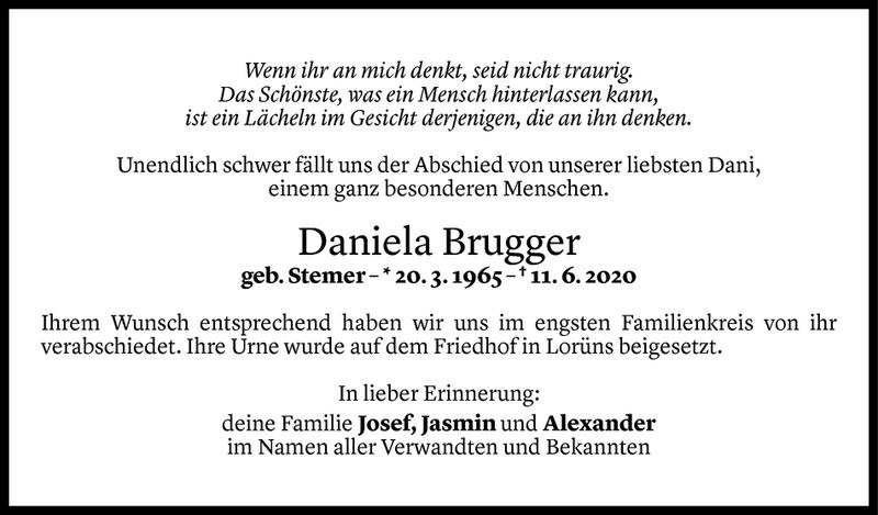  Todesanzeige für Daniela Brugger vom 22.06.2020 aus Vorarlberger Nachrichten
