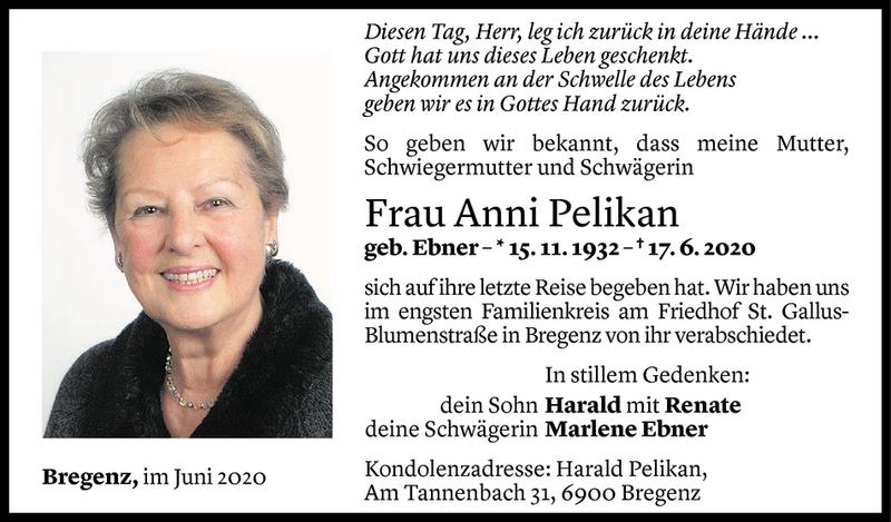  Todesanzeige für Anni Pelikan vom 27.06.2020 aus Vorarlberger Nachrichten