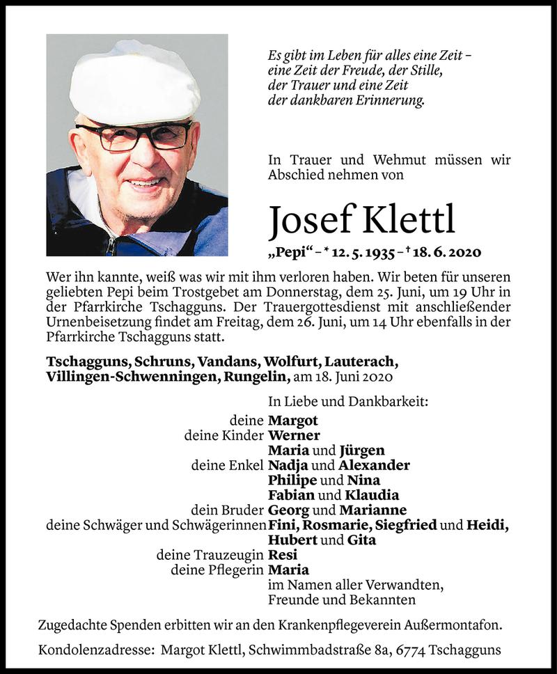  Todesanzeige für Josef Klettl vom 23.06.2020 aus Vorarlberger Nachrichten