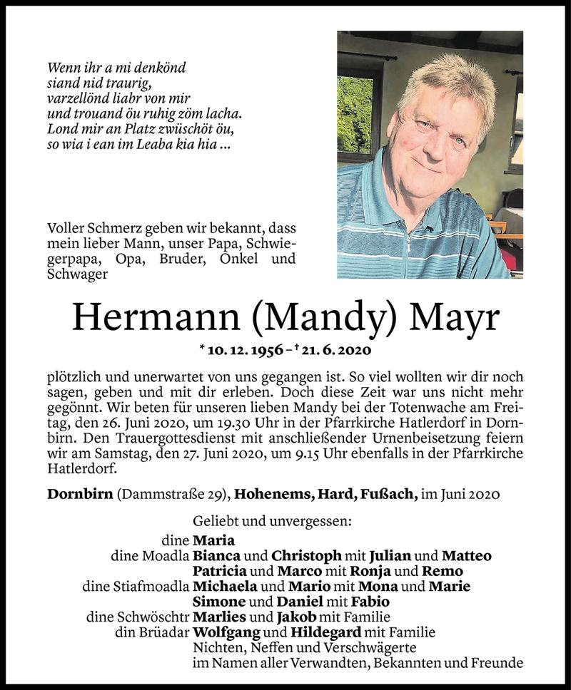  Todesanzeige für Hermann Mayr vom 23.06.2020 aus Vorarlberger Nachrichten