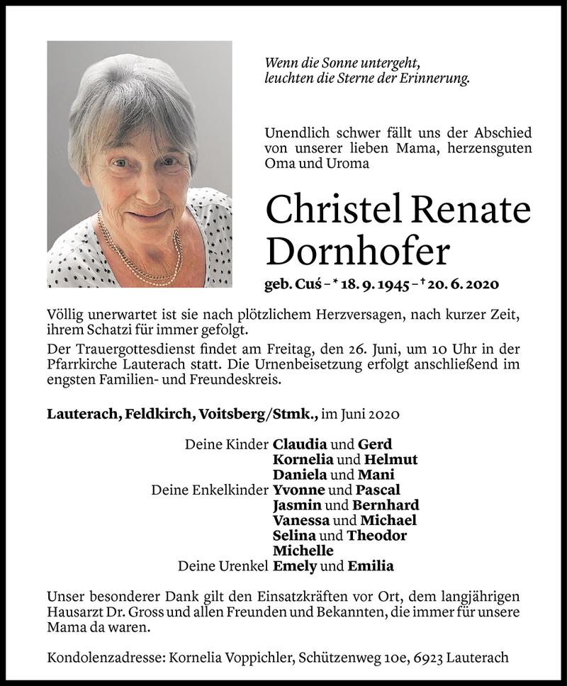  Todesanzeige für Christel Renate Dornhofer vom 23.06.2020 aus Vorarlberger Nachrichten