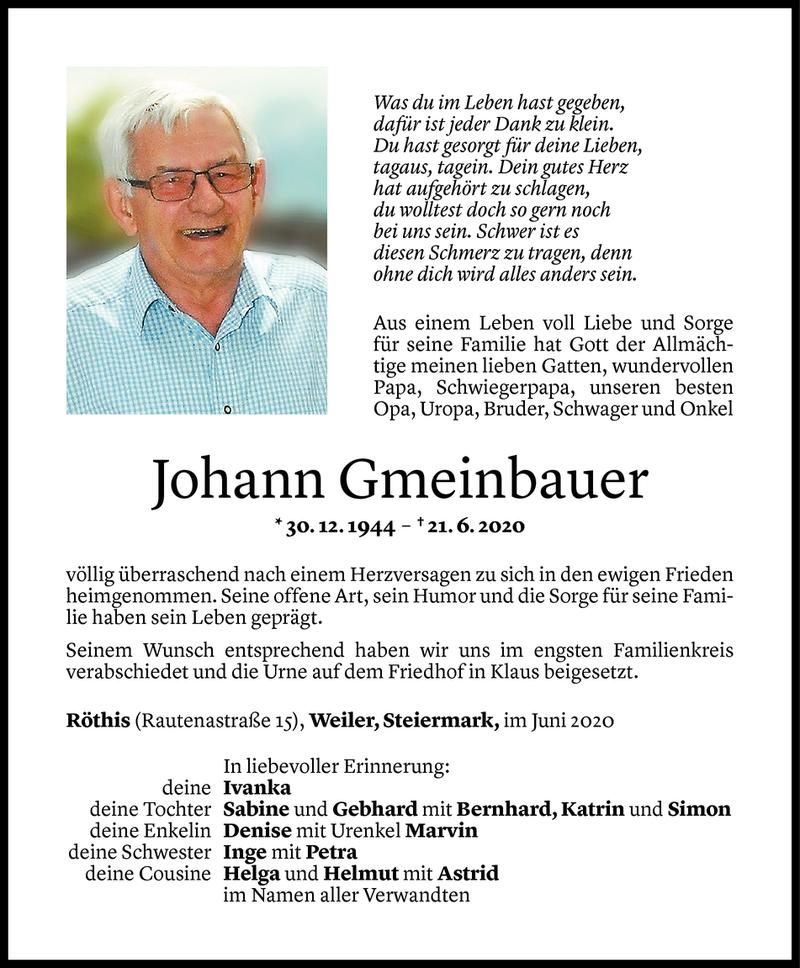  Todesanzeige für Johann Gmeinbauer vom 25.06.2020 aus Vorarlberger Nachrichten
