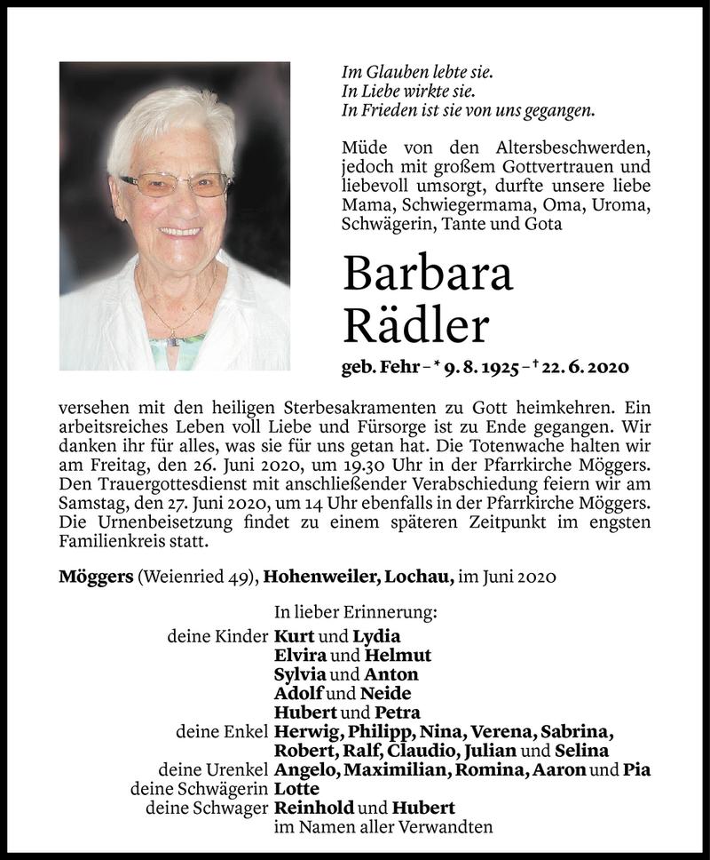  Todesanzeige für Barbara Rädler vom 24.06.2020 aus Vorarlberger Nachrichten