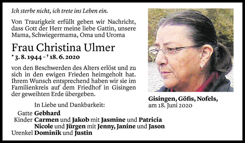  Todesanzeige für Christina Ulmer vom 24.06.2020 aus Vorarlberger Nachrichten