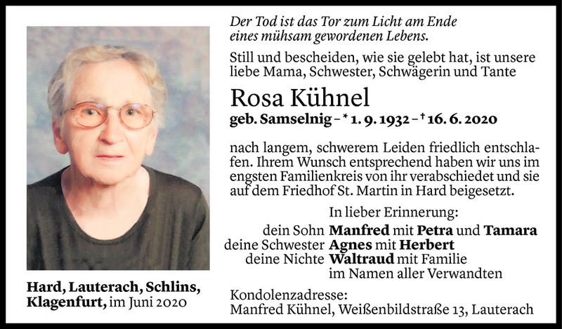  Todesanzeige für Rosa Kühnel vom 25.06.2020 aus Vorarlberger Nachrichten