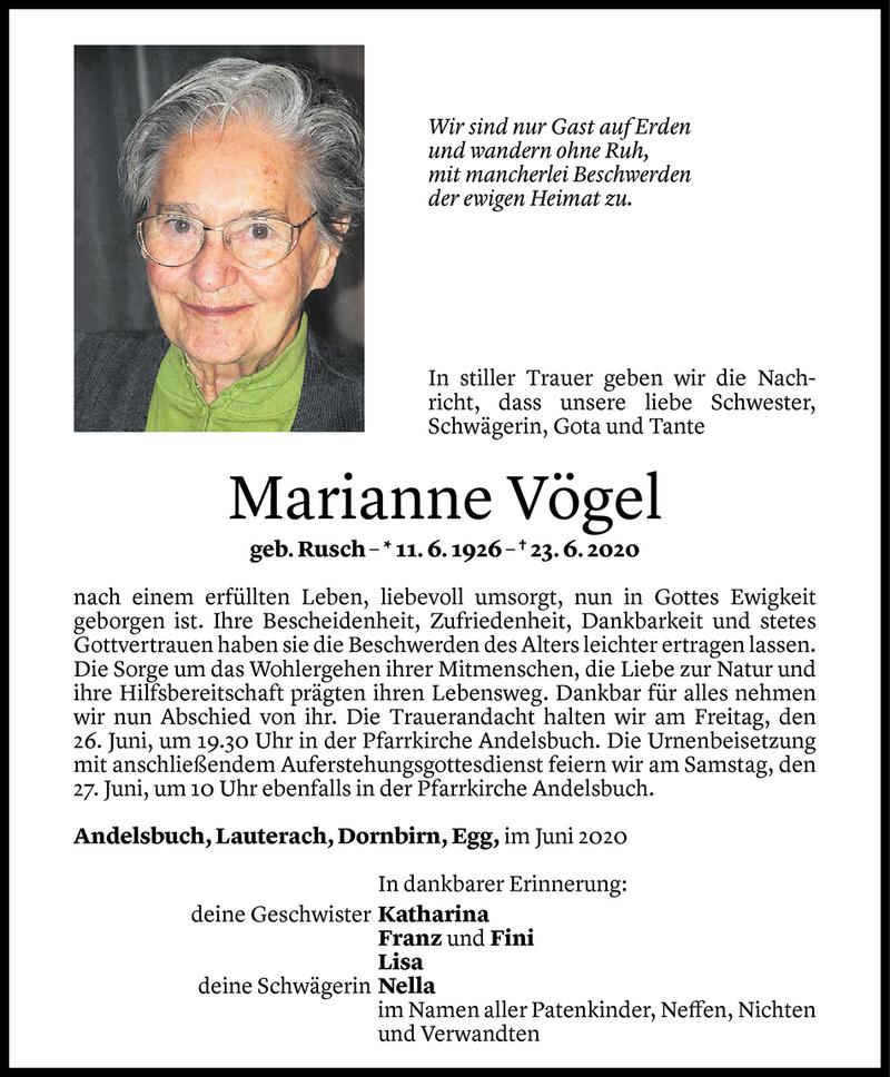  Todesanzeige für Marianne Vögel vom 24.06.2020 aus Vorarlberger Nachrichten