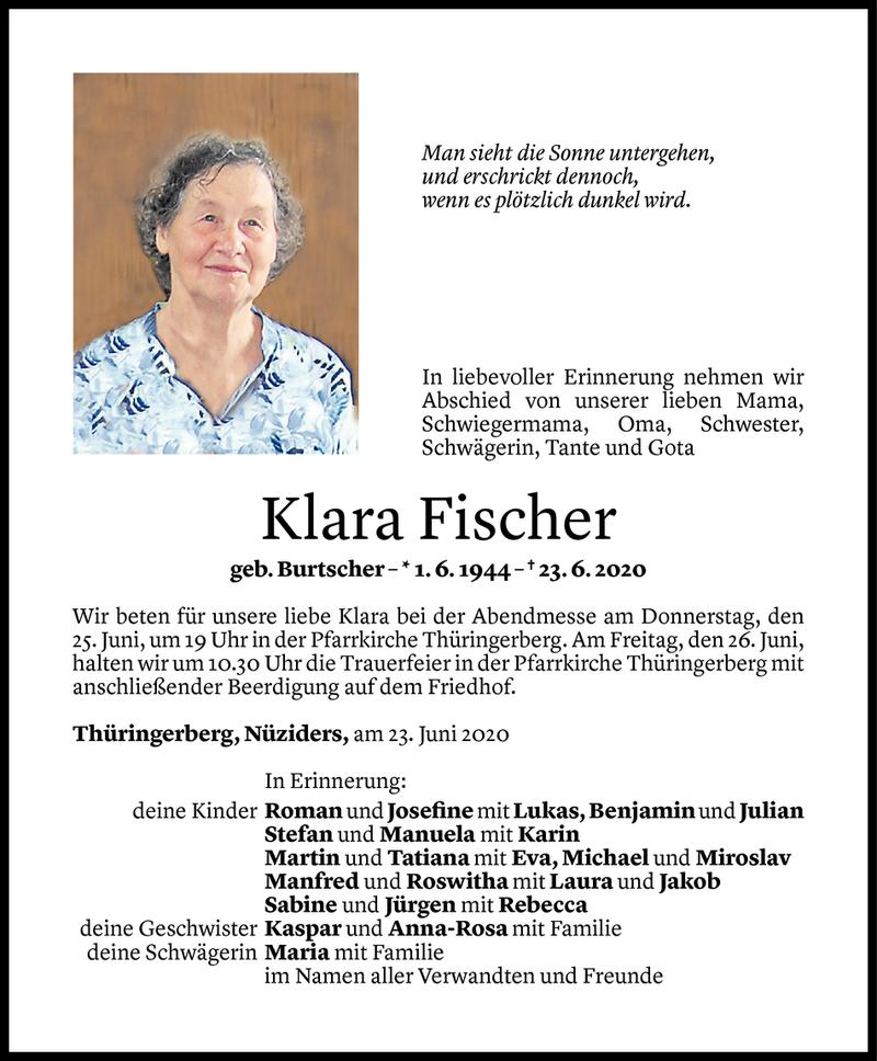  Todesanzeige für Klara Fischer vom 24.06.2020 aus Vorarlberger Nachrichten