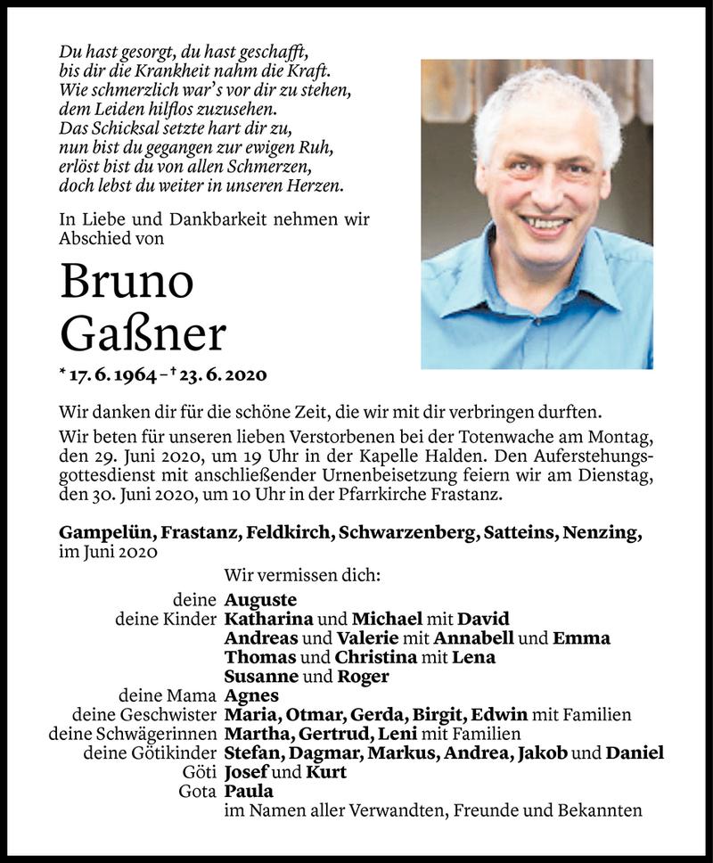  Todesanzeige für Bruno Gaßner vom 26.06.2020 aus Vorarlberger Nachrichten