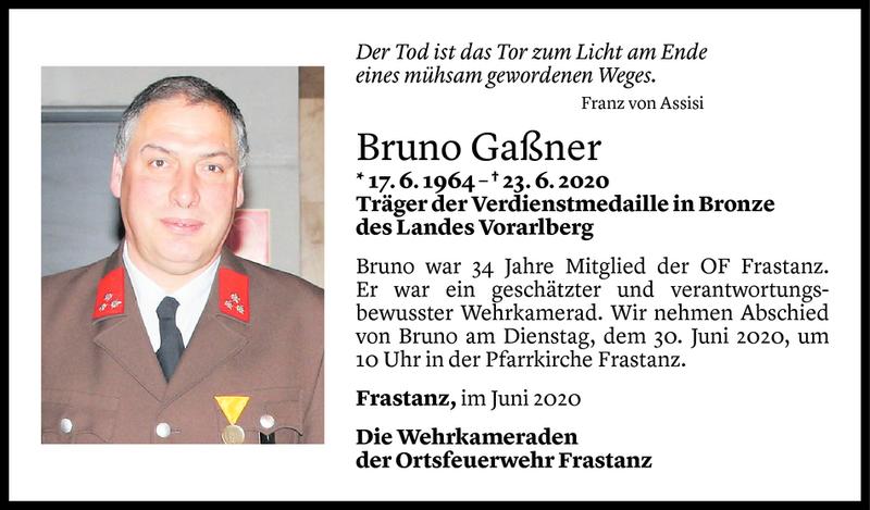  Todesanzeige für Bruno Gaßner vom 26.06.2020 aus Vorarlberger Nachrichten