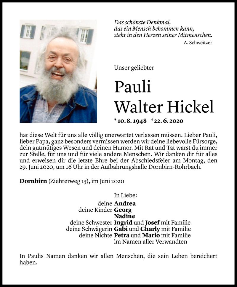  Todesanzeige für Pauli Walter Hickel vom 25.06.2020 aus Vorarlberger Nachrichten