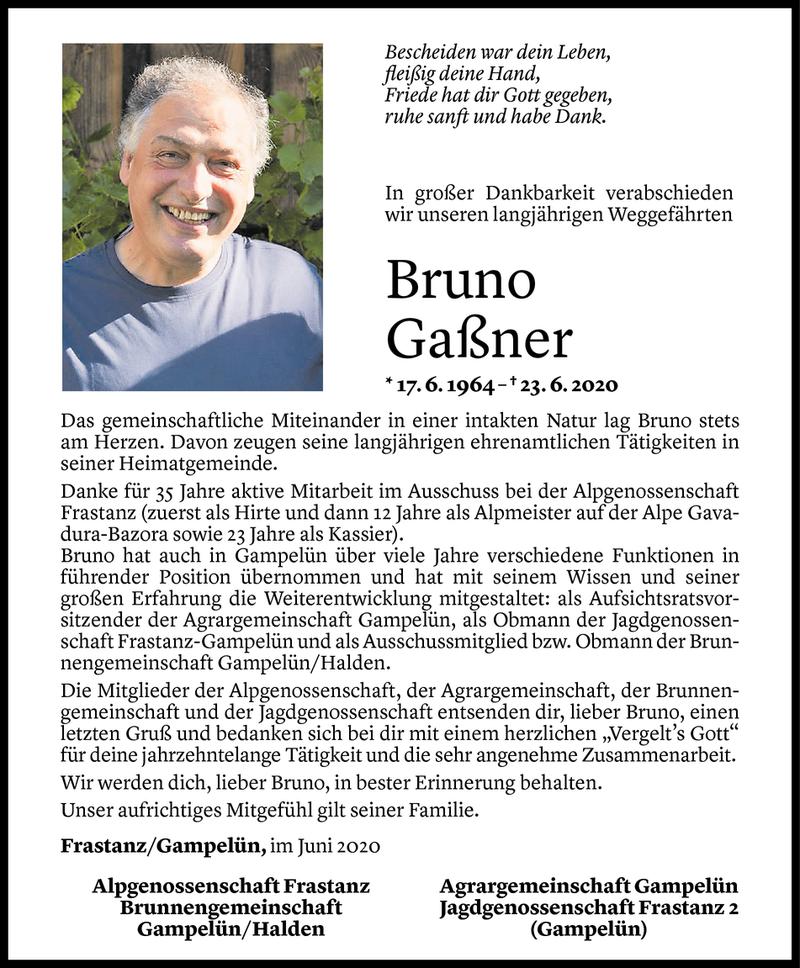  Todesanzeige für Bruno Gaßner vom 26.06.2020 aus Vorarlberger Nachrichten