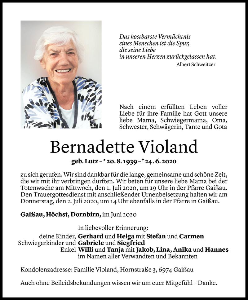  Todesanzeige für Bernadette Violand vom 26.06.2020 aus Vorarlberger Nachrichten