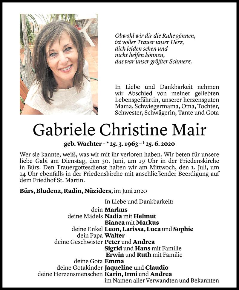  Todesanzeige für Gabriele Christine Mair vom 27.06.2020 aus Vorarlberger Nachrichten