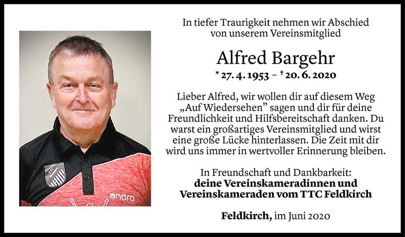  Todesanzeige für Alfred Bargehr vom 27.06.2020 aus Vorarlberger Nachrichten