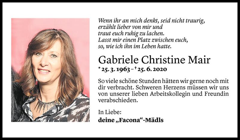  Todesanzeige für Gabriele Christine Mair vom 27.06.2020 aus Vorarlberger Nachrichten