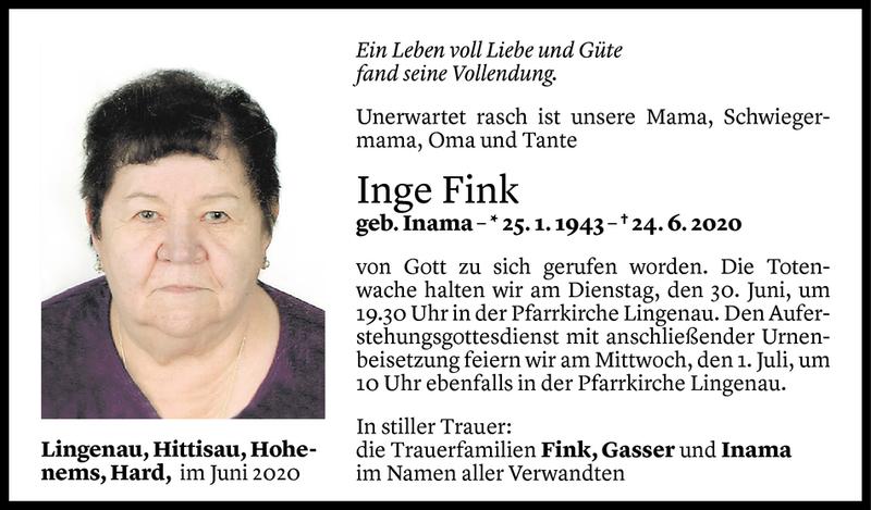  Todesanzeige für Inge Fink vom 28.06.2020 aus Vorarlberger Nachrichten