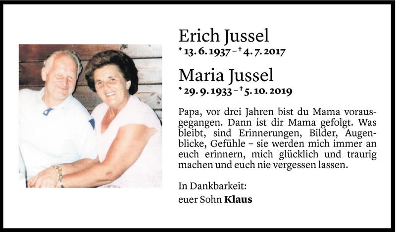  Todesanzeige für Erich und Frau Maria Jussel vom 04.07.2020 aus Vorarlberger Nachrichten