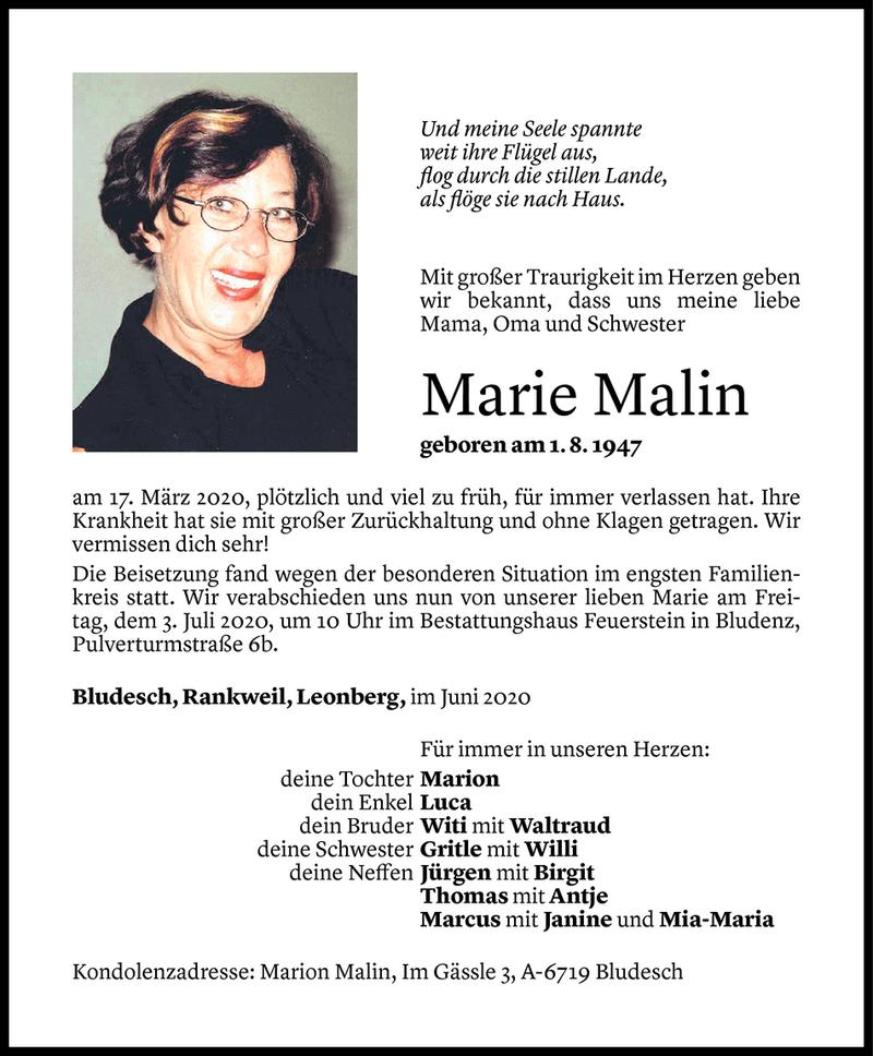  Todesanzeige für Marie Malin vom 01.07.2020 aus Vorarlberger Nachrichten