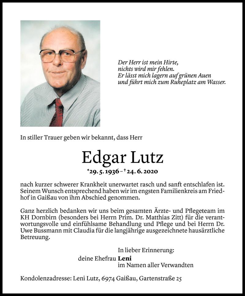  Todesanzeige für Edgar Lutz vom 29.06.2020 aus Vorarlberger Nachrichten