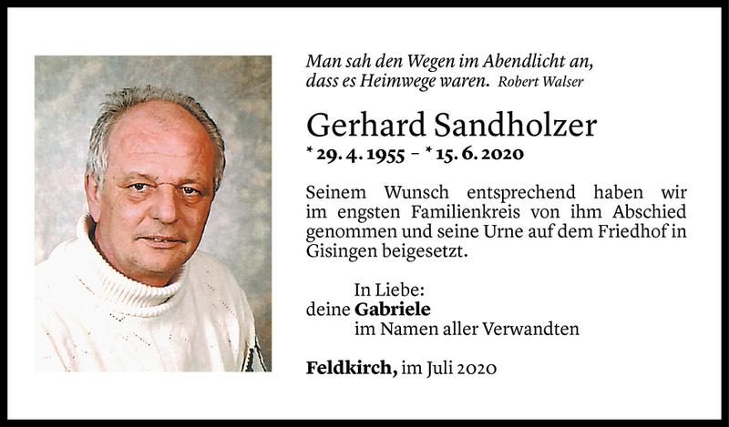  Todesanzeige für Gerhard Sandholzer vom 04.07.2020 aus Vorarlberger Nachrichten