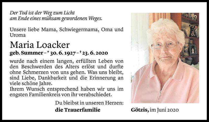  Todesanzeige für Maria Loacker vom 04.07.2020 aus Vorarlberger Nachrichten