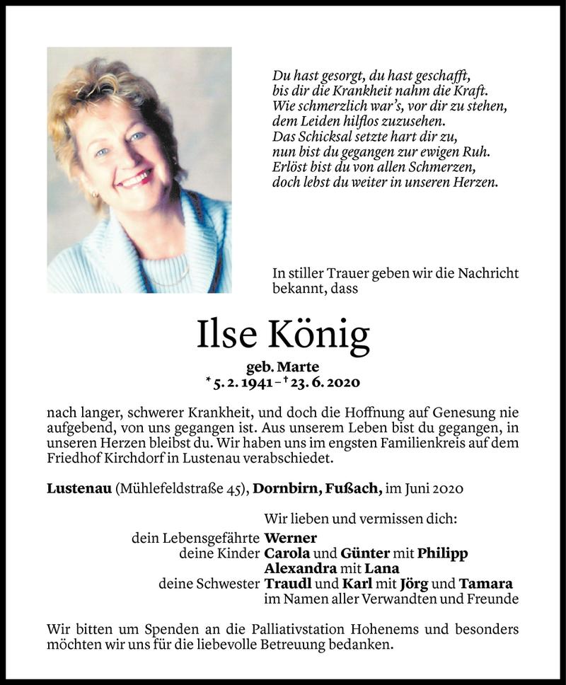  Todesanzeige für Ilse König vom 01.07.2020 aus Vorarlberger Nachrichten