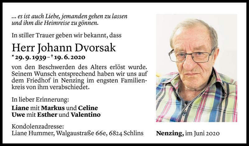  Todesanzeige für Johann Dvorsak vom 01.07.2020 aus Vorarlberger Nachrichten