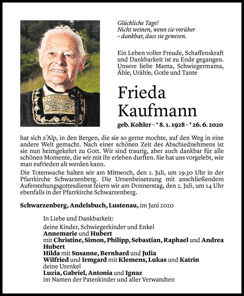  Todesanzeige für Frieda Kaufmann vom 30.06.2020 aus Vorarlberger Nachrichten