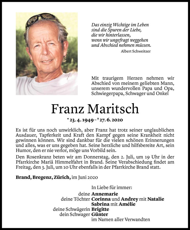  Todesanzeige für Franz Maritsch vom 01.07.2020 aus Vorarlberger Nachrichten