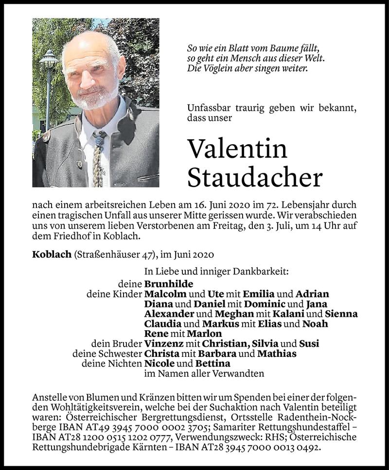  Todesanzeige für Valentin Staudacher vom 30.06.2020 aus Vorarlberger Nachrichten