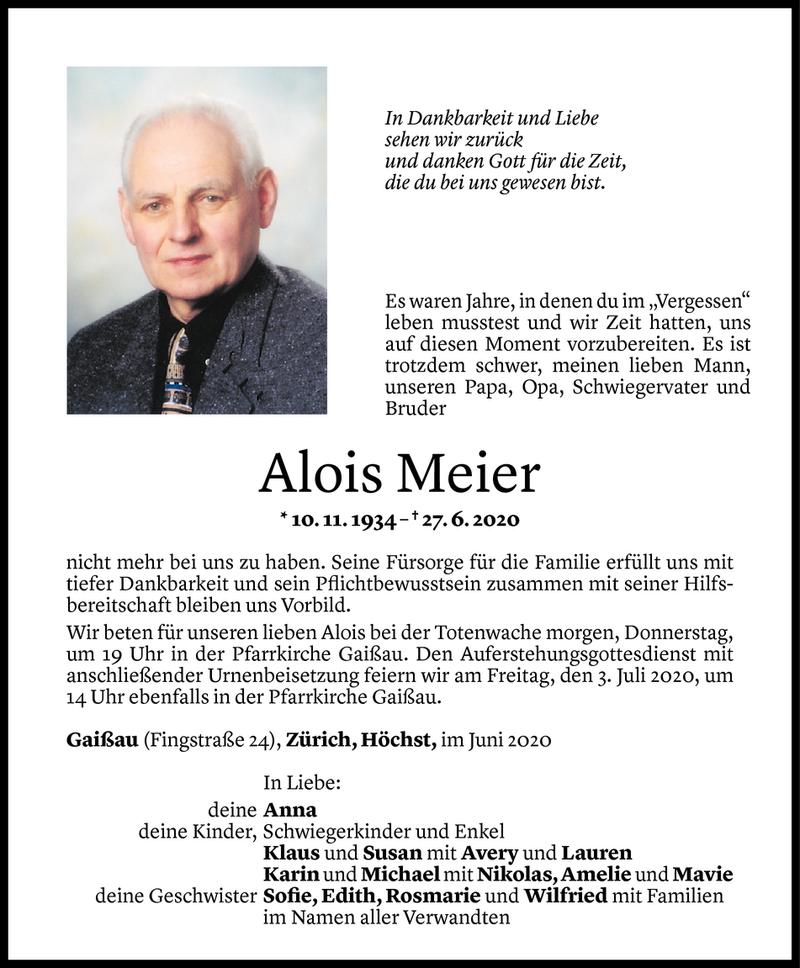  Todesanzeige für Alois Meier vom 30.06.2020 aus Vorarlberger Nachrichten