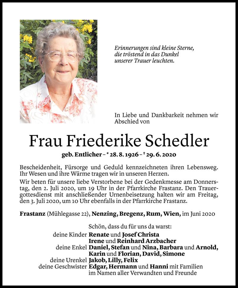  Todesanzeige für Friederike Schedler vom 30.06.2020 aus Vorarlberger Nachrichten