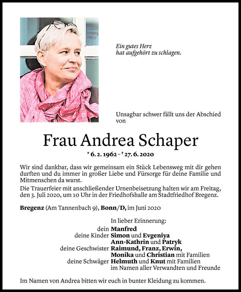  Todesanzeige für Andrea Schaper vom 30.06.2020 aus Vorarlberger Nachrichten