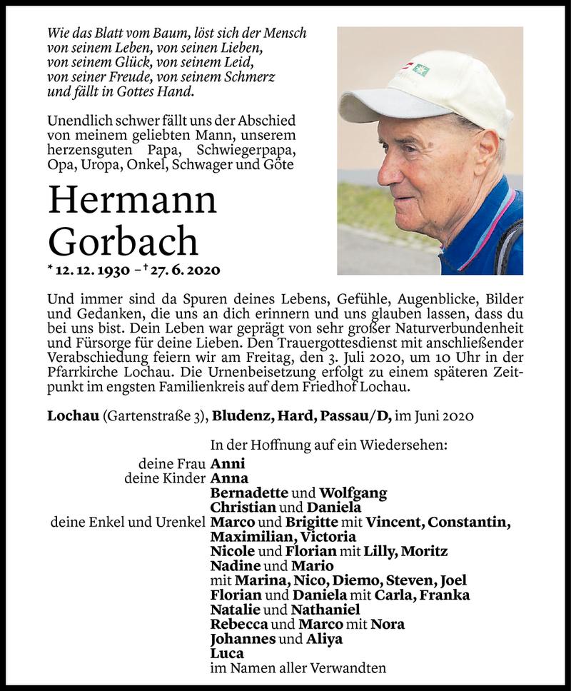  Todesanzeige für Hermann Gorbach vom 30.06.2020 aus Vorarlberger Nachrichten