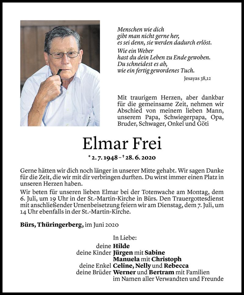  Todesanzeige für Elmar Frei vom 03.07.2020 aus Vorarlberger Nachrichten