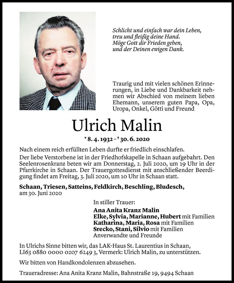  Todesanzeige für Ulrich Malin vom 01.07.2020 aus Vorarlberger Nachrichten