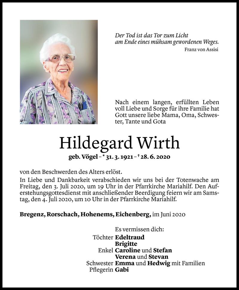  Todesanzeige für Hildegard Wirth vom 01.07.2020 aus Vorarlberger Nachrichten