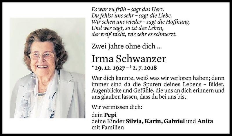  Todesanzeige für Irma Schwanzer vom 01.07.2020 aus Vorarlberger Nachrichten