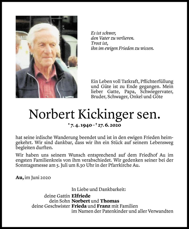  Todesanzeige für Norbert Kickinger sen. vom 04.07.2020 aus Vorarlberger Nachrichten