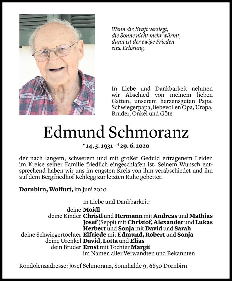  Todesanzeige für Edmund Schmoranz vom 04.07.2020 aus Vorarlberger Nachrichten