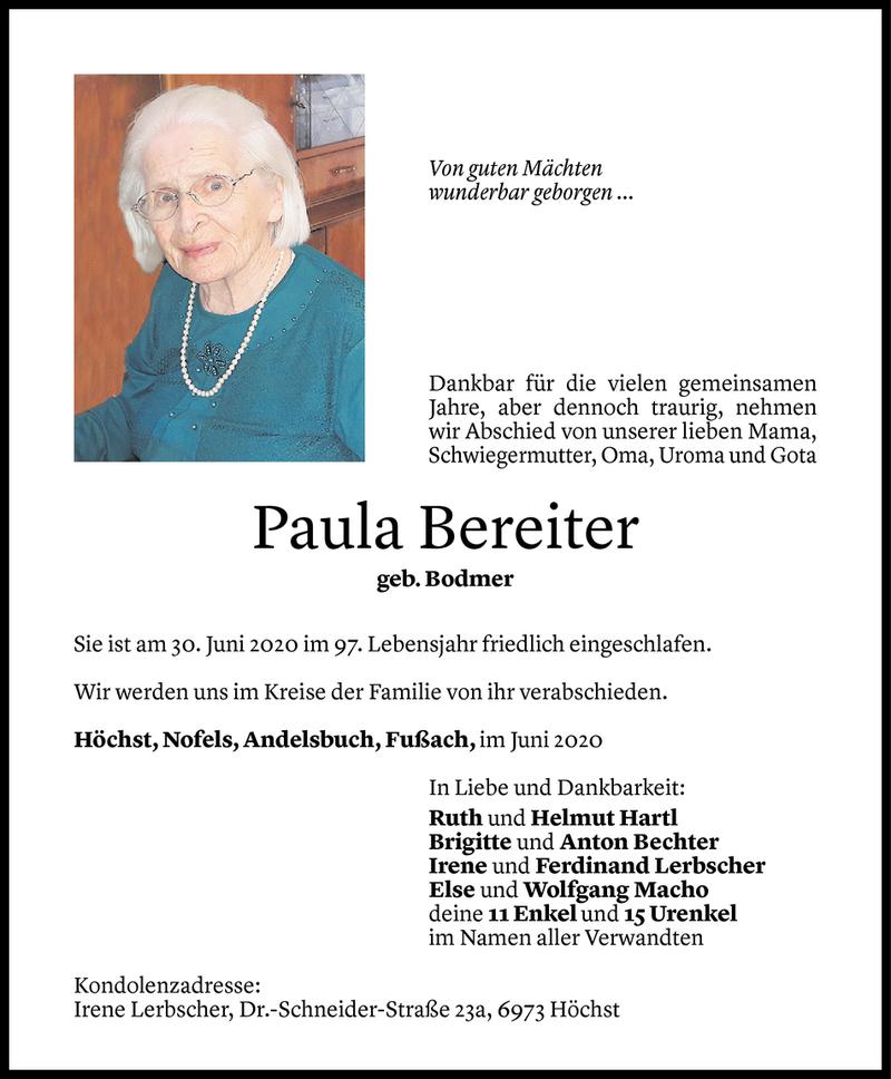  Todesanzeige für Paula Bereiter vom 01.07.2020 aus Vorarlberger Nachrichten