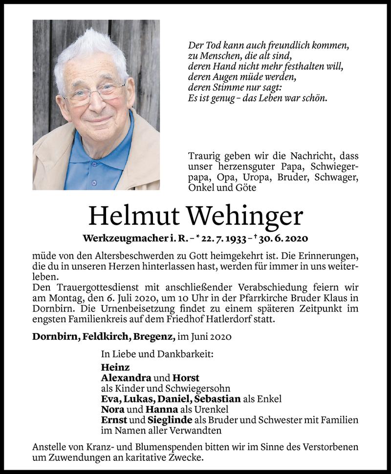  Todesanzeige für Helmut Wehinger vom 03.07.2020 aus Vorarlberger Nachrichten