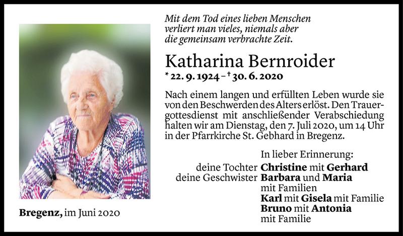 Todesanzeige für Katharina Bernroider vom 03.07.2020 aus Vorarlberger Nachrichten