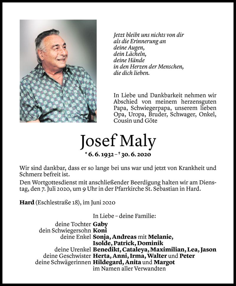  Todesanzeige für Josef Maly vom 04.07.2020 aus Vorarlberger Nachrichten