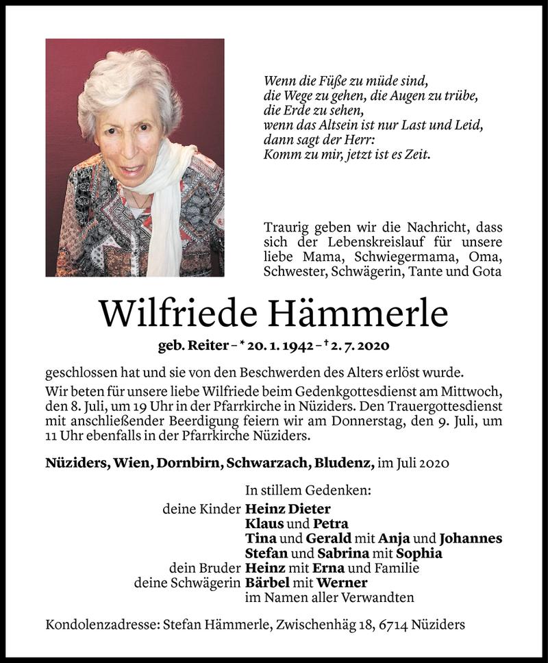  Todesanzeige für Wilfriede Hämmerle vom 04.07.2020 aus Vorarlberger Nachrichten