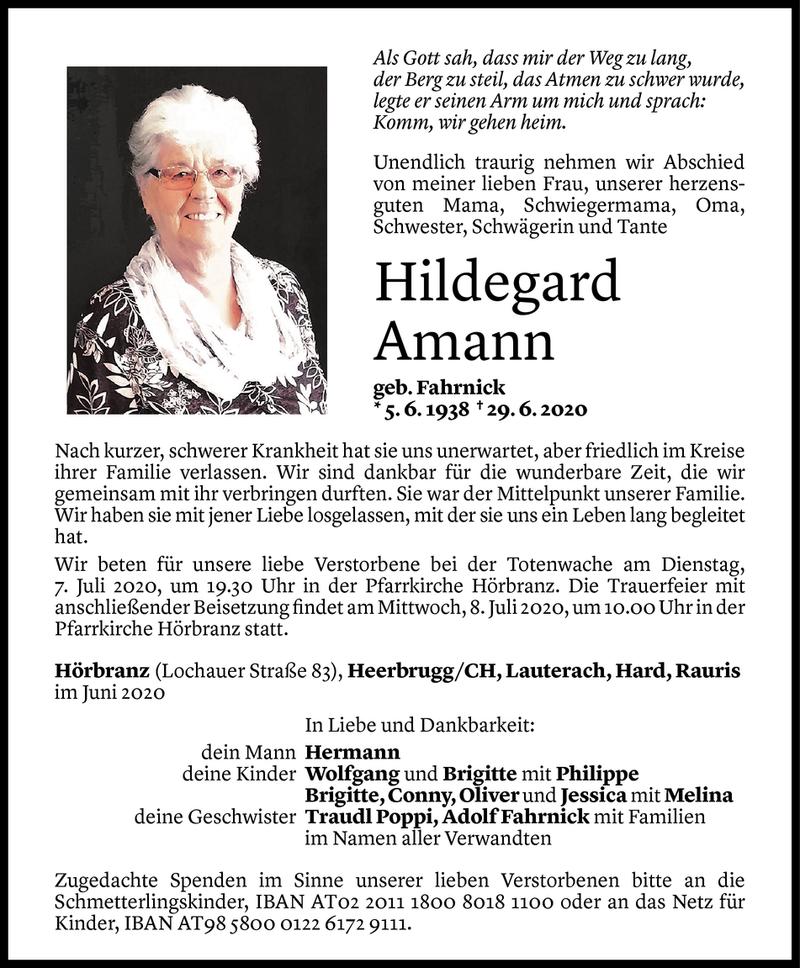  Todesanzeige für Hildegard Amann vom 04.07.2020 aus Vorarlberger Nachrichten